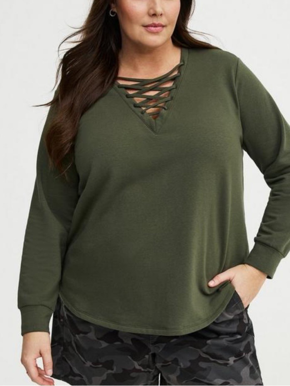 Torrid Military Green Lace Front Long Sleeve Cotton Tee 4X